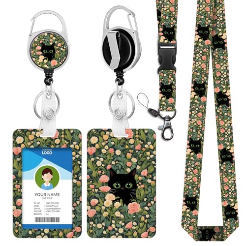 IBOVODI Ausweishalter mit schwarzem Katzen-Blumenmuster, mit einziehbarem Clip, niedliche Blumen, Karte, Namensschild, Schlüsselband, lustiger Ausweis-Schutz, für Frauen, Krankenschwestern, Ärzte IBOVODI Ausweishalter mit schwarzem Katzen-Blumenmuster, mit einziehbarem Clip, niedliche Blumen, Karte, Namensschild, Schlüsselband, lustiger Ausweis-Schutz, für Frauen, Krankenschwestern, Ärzte von IBOVODI