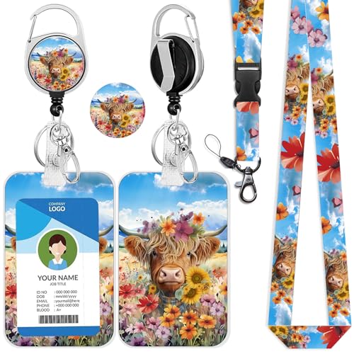 IBOVODI Highland Cow Schlüsselband für Ausweise, multifunktionaler Ausweishalter mit Abreißband, niedliche Blumen-Abzeichenrollen, einziehbar, Ausweishalter für Lehrer von IBOVODI