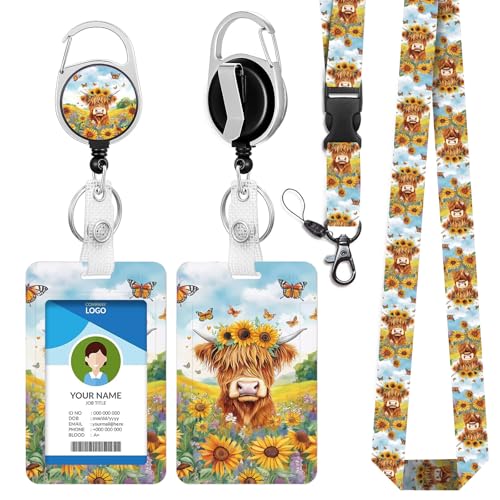 IBOVODI Highland Cows Schlüsselband mit Ausweishalter, Aquarell-Schmetterling, Sonnenblume, Ausweishalter mit verstellbarem Umhängeband, niedlich, einziehbar, für Lehrer, Studenten, Kinder von IBOVODI