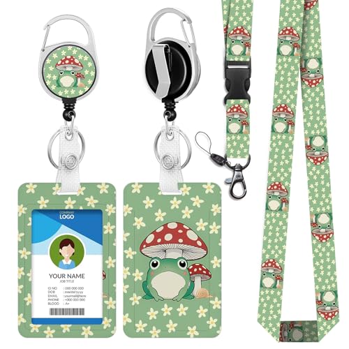 IBOVODI Pilzfrosch-Abzeichenhalter mit Umhängeband, lustige Umhängebänder mit einziehbaren Clips, niedliches Gänseblümchen-Blumenmuster, verstellbare Umhängebänder, Namensschilder, Halter für Kinder von IBOVODI