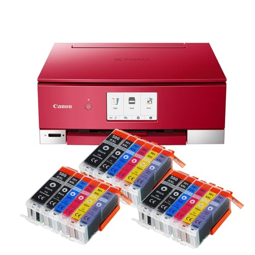 IC-Office TS8352a Farbtintenstrahl-Multifunktionsgerät All-in-One 3-in-1 (Drucker, Scanner, Kopierer, CD-Druck, USB, WLAN, Apple AirPrint, SD-Karte) Rot + 18 XXL Tintenpatronen von IC-Office