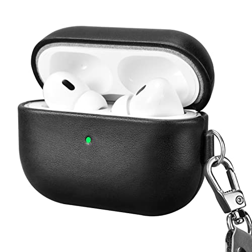 Leder Hülle für AirPods Pro 2 2022, ICARERFAMILY Premium Echtleder Stoßfeste Schutzhülle für AirPods Pro 2 Kopfhörer Ladetasche mit Loch (LED sichtbar) Unterstützung Wireless Ladegerät-Schwarz von ICARER FAMILY