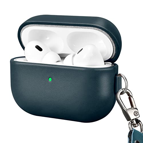 Leder Hülle für AirPods Pro 2 2022, ICARERFAMILY Premium Echtleder Stoßfeste Schutzhülle für AirPods Pro 2 Kopfhörer Ladetasche mit Loch (LED sichtbar) Unterstützung Wireless Ladegerät-Blau von ICARER FAMILY