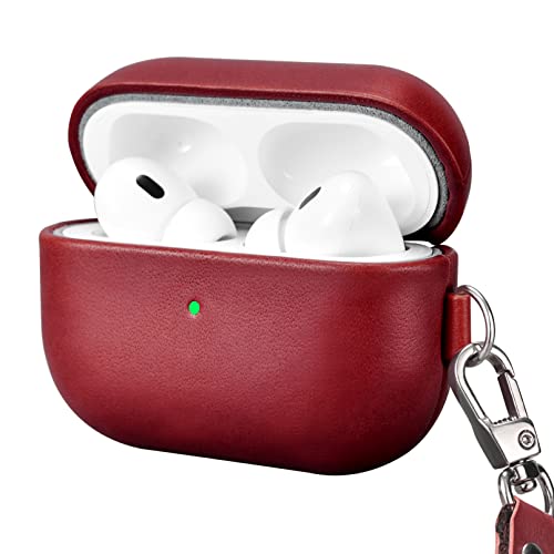 Leder Hülle für AirPods Pro 2 2022, ICARERFAMILY Premium Echtleder Stoßfeste Schutzhülle für AirPods Pro 2 Kopfhörer Ladetasche mit Loch (LED sichtbar) Unterstützung Wireless Ladegerät-Rot von ICARER FAMILY