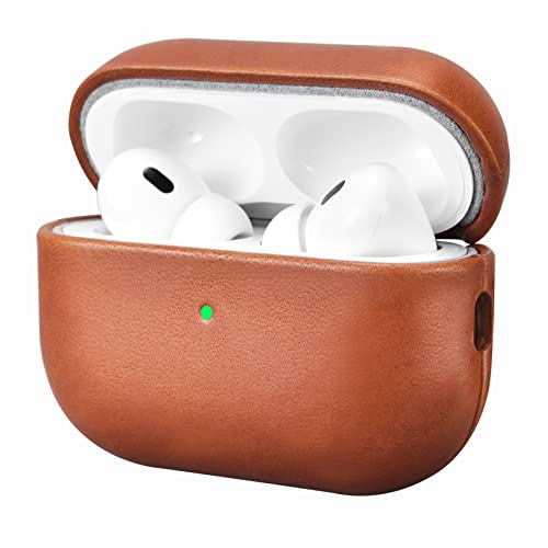 Leder Hülle für AirPods Pro 2 2022, ICARERFAMILY Premium Echtleder Stoßfeste Schutzhülle für Apple AirPods Pro 2 Kopfhörer Case (LED sichtbar) Unterstützung Wireless Ladegerät-Braun von ICARER FAMILY