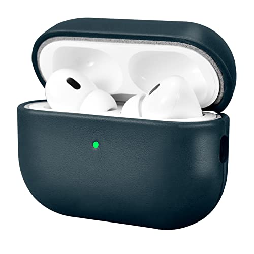 Leder Hülle für AirPods Pro 2 2022, ICARERFAMILY Premium Echtleder Stoßfeste Schutzhülle für Apple AirPods Pro 2 Kopfhörer Leder Case (LED sichtbar) Unterstützung Wireless Ladegerät-Blau von ICARER FAMILY