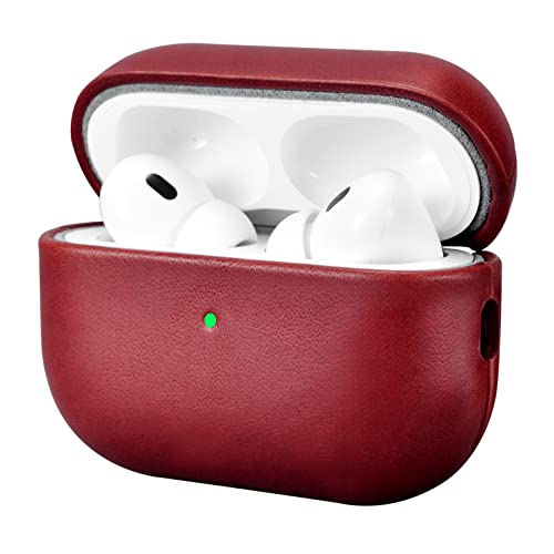 Leder Hülle für AirPods Pro 2 2022, ICARERFAMILY Premium Echtleder Stoßfeste Schutzhülle für Apple AirPods Pro 2 Kopfhörer Leder Case (LED sichtbar) Unterstützung Wireless Ladegerät-Rot von ICARER FAMILY