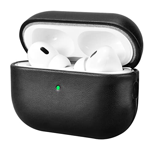 Leder Hülle für AirPods Pro 2 2022, ICARERFAMILY Premium Echtleder Stoßfeste Schutzhülle für Apple AirPods Pro 2 Kopfhörer Leder Case (LED sichtbar) Unterstützung Wireless Ladegerät-Schwarz von ICARER FAMILY