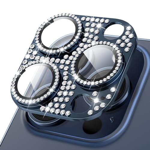 ICARER Bling Kamera Linse Schutzfolie für iPhone 15 Pro/iPhone 15 Pro Max, Diamant Kamera Objektivschutz Dekorationen Aufkleber Linse Protector Cover für Apple iPhone 15 Pro/15 Pro Max (Dunkelblau) von ICARER