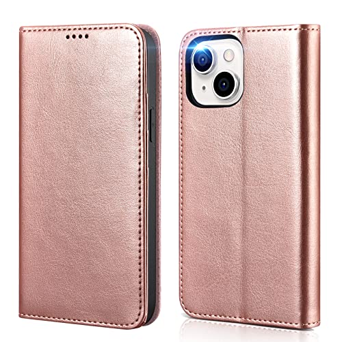 ICARER Hülle für iPhone 14 2022, Wallet Ledertasche Tasche Handyhülle Magnetverschluss Klapphülle Case Cover RFID-Sperrung Kreditkarten -Slots Kickstand TPU Inner für iPhone 14 6,1 Zoll (Roségold) von ICARER