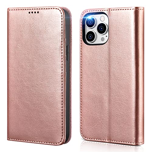 ICARER Hülle für iPhone 14 Pro 2022, PU Ledertasche Wallet Tasche Handyhülle Magnetverschluss Klapphülle Case Cover RFID-Sperrung Kreditkarten-Slots Kickstand TPU Inner für iPhone 14 Pro 6,1-Roségold von ICARER