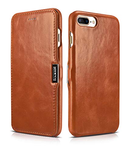 ICARER Hülle passend für Apple iPhone 8 Plus und iPhone 7 Plus (5.5 Zoll), Handyhülle mit echtem Leder, Case, Schutz-Hülle klappbar, dünne Handytasche, Slim Cover, Vintage Look, Braun von ICARER