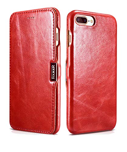 ICARER Hülle passend für Apple iPhone 8 Plus und iPhone 7 Plus (5.5 Zoll), Handyhülle mit echtem Leder, Case, Schutz-Hülle klappbar, dünne Handytasche, Slim Cover, Vintage Look, Rot von ICARER