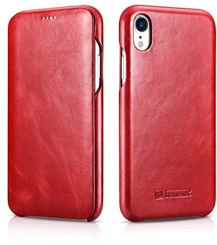 ICARER Hülle passend für Apple iPhone XR (6,1 Zoll), Handyhülle mit echtem Leder, Case, Schutz-Hülle klappbar, dünne Handytasche, Slim Cover, Vintage Rot von ICARER