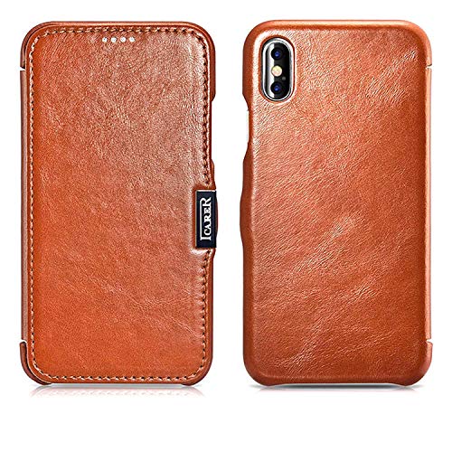 ICARER Hülle passend für Apple iPhone XS und iPhone X, Handyhülle mit echtem Leder, Case, Schutz-Hülle klappbar, dünne Handytasche, Slim Cover, Vintage Braun von ICARER