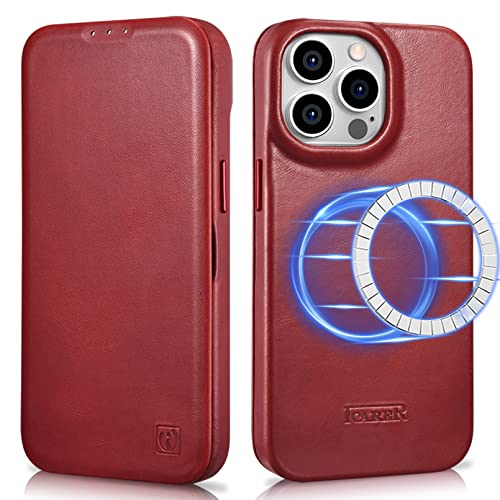 ICARER Lederhülle für iPhone 14 Pro Max, Echte Leder Hülle Tasche Handytasche Case mit Kartensteckplatz Magnetflip Wallet Kompatibel mit Mag-Safe und Kabelloses Laden für iPhone 14 Pro Max 6,7-Rot von ICARER