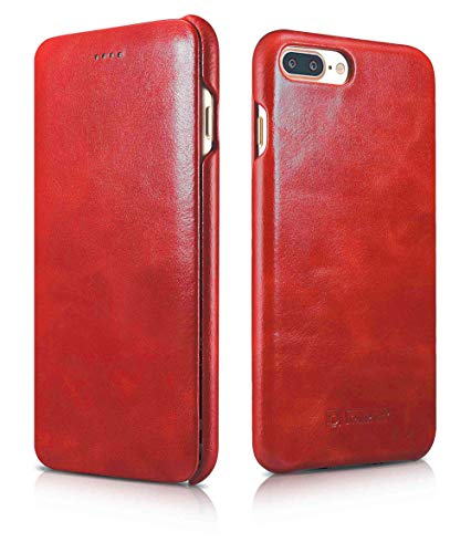 ICARER Tasche passend für Apple iPhone 8 Plus und iPhone 7 Plus (5.5 Zoll), Case mit Echt-Leder, Schutz-Hülle klappbar, Ultra-Slim Cover, Etui im Vintage Look, Rot von ICARER