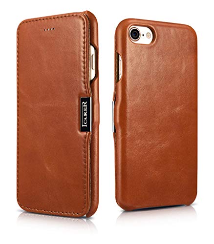 ICARER Tasche passend für Apple iPhone SE 2022 5G, iPhone SE 2020, iPhone 8, iPhone 7, 4.7 Zoll, Case mit Echt-Leder, Schutz-Hülle aufklappbar, Ultra-Slim Cover, Etui im Vintage Look, Braun von ICARER