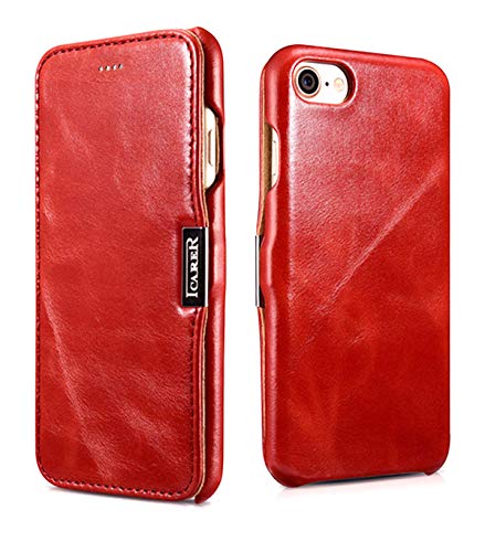 ICARER Tasche passend für Apple iPhone SE 2022 5G, iPhone SE 2020, iPhone 8, iPhone 7, 4.7 Zoll, Case mit Echt-Leder, Schutz-Hülle aufklappbar, Ultra-Slim Cover, Etui im Vintage Look, Rot von ICARER