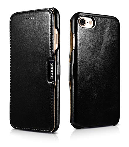 ICARER Tasche passend für Apple iPhone SE 2022 5G, iPhone SE 2020, iPhone 8, iPhone 7, 4.7 Zoll, Case mit Echt-Leder, Schutz-Hülle aufklappbar, Ultra-Slim Cover, Etui im Vintage Look, Schwarz von ICARER