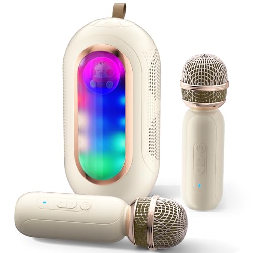 ICARERSPACE Karaoke Maschine mit 2 Kabellosen Mikrofonen, Tragbarer Bluetooth Karaoke mit 5 Verschiedenen Soundeffekten und Lichteffekten, Karaoke Maschine für Kinder oder Erwachsene - Beige von ICARERSPACE
