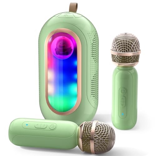 ICARERSPACE Karaoke Maschine mit 2 Kabellosen Mikrofonen, Tragbarer Bluetooth Karaoke mit 5 Verschiedenen Soundeffekten und Lichteffekten, Karaoke Maschine für Kinder oder Erwachsene - Grün von ICARERSPACE