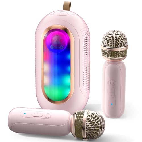 ICARERSPACE Karaoke Maschine mit 2 Kabellosen Mikrofonen, Tragbarer Bluetooth Karaoke mit 5 Verschiedenen Soundeffekten und Lichteffekten, Karaoke Maschine für Kinder oder Erwachsene - Rosa von ICARERSPACE