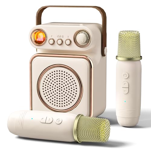 ICARERSPACE Karaoke Maschine mit 2 Kabellosen Mikrofonen, Tragbarer Bluetooth Karaoke mit 5 verschiedenen Soundeffekten, Karaoke Maschine für Kinder, Mädchen, Jungen als Geschenke - Beige von ICARERSPACE