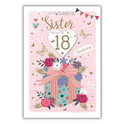 Geburtstagskarte zum 18. Geburtstag der Schwester, 18. Geburtstag, Blumen, Schmetterlinge und Liebesherzen, spezielle Oberflächen und illustriertes Blatteinsatz, hergestellt in Großbritannien von ICG