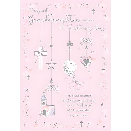 Glückwunschkarte zur Taufe für Enkelin, Kirche, Kreuz und Ballon, spezielle Oberflächen und illustriertes Blatteinsatz, hergestellt in Großbritannien, umweltfreundlich von ICG