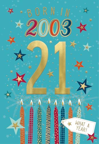 ICG Geburtstagskarte 2024 zum 21. Geburtstag, zum 21. Geburtstag, Kerzen und Sterne, geprägt mit Folien-Finish, Geboren im Jahr 2003, umweltfreundlich, englische Version von ICG