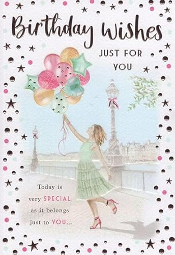 ICG Geburtstagskarte für Frauen – Allgemeine Karte für Frauen – Dame mit Ballon-Blumenstrauß mit geprägten Foliendetails von ICG