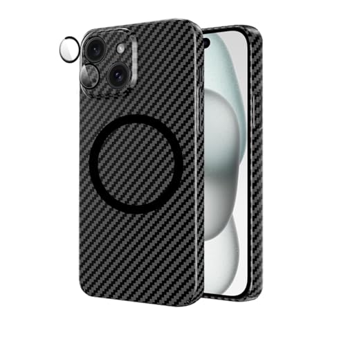 ICOVERI Carbon Hülle iPhone 15 Plus, Magnethülle kompatibel mit Magsafe und Wireless Charger, Carbonfaser Hülle, Cover mit schwarzer Linsenschutzfolie (iPhone 15 Plus) von ICOVERI