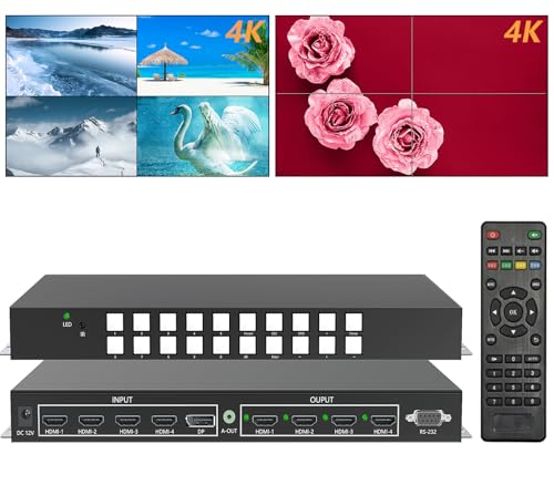 ICUIXIAN 4K60Hz Multiview 4x4 Nahtloser Matrix Switcher Mit Videowandsteuerung 2x2, 18Gbps, HDMI 2.0, Rs-232, 4 HDMI+1DP Eingänge/4 Ausgänge, IR, 24-bit, 3.5MM Audio (4x4 Matrix Videowand 2x2) von ICUIXIAN