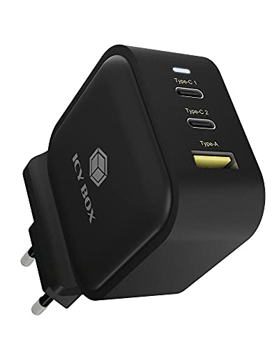 ICY BOX 3-Port USB-C/USB-A Ladegerät, 65W, Quick Charge 3.0 & Power Delivery, für iPhone, iPad, Samsung, Huawei, Xiomi und viele mehr, schwarz von ICY BOX