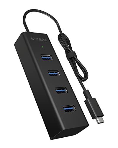 ICY BOX 4-fach USB 3 Hub (4x USB-A 3.0), USB-C 3 Verbindung, integriertes Kabel, Aluminium, IB-HUB1409-C3 von ICY BOX