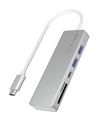 ICY BOX 60369 3-fach USB-C Hub und Kartenleser für SD und microSD,3x USB 3.0, USB 3 Anschluss, Aluminium, integriertes Kabel, silber/weiß von ICY BOX