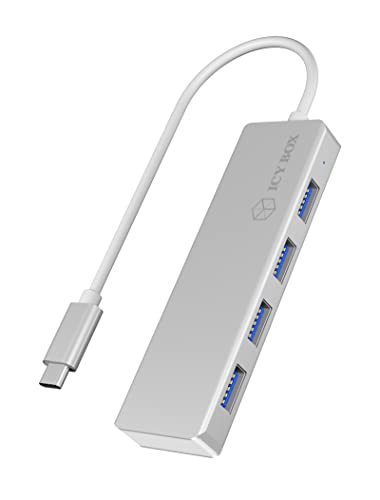 ICY BOX 60437 BOX 4-fach USB-C Hub mit 4x USB 3.0, USB 3 Anschluss, Aluminium, integriertes Kabel, silber/weiß von ICY BOX