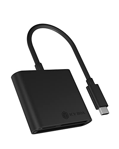 ICY BOX 60649 BOX SD Card Reader mit USB-C, USB 3 Kartenleser für SD, micro SD oder CF, integriertes Kabel, Aluminium, Schwarz von ICY BOX