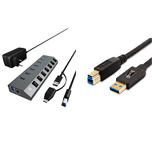 ICY BOX 7 Port USB 3.0 Type-A Hub Ladegerät Aluminium IB-HUB1701-C3 & Amazon Basics USB 3.0 A-Stecker-B-Stecker-Kabel (1,8 m) von ICY BOX