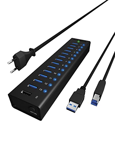 ICY BOX Box IB-AC6113 13-fach USB 3.0 Hub mit 12 V / 5 A Stromadapter, Aluminiumgehäuse und USB-Ladeport schwarz, 13x USB 3. + 1x Laden von ICY BOX