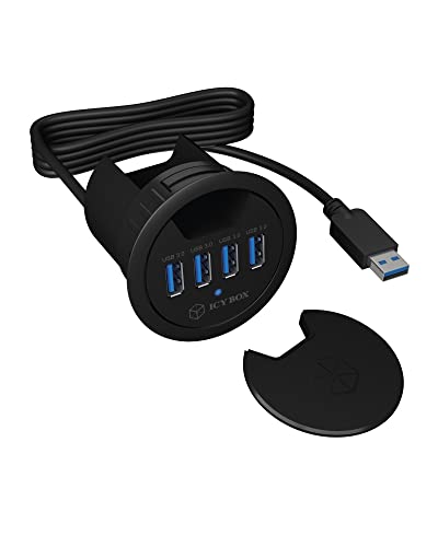 ICY BOX IB-Hub1403 USB-Tisch-Hub (60 mm) zum Einbau, 4x USB 3.0 Anschlüsse, Kabeldurchführung, 5 V Stromanschluss Vorhanden, Schwarz von ICY BOX