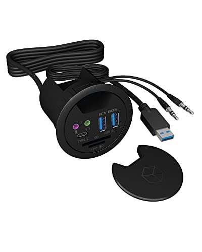ICY BOX IB-Hub1404A Tisch-Hub (60 mm) zum Einbau, 3x USB 3.0 (2x Type-A, 1x Type-C), Kartenleser (SD/MicroSD), Audio Ein-/Ausgang, Kabeldurchführung, Schwarz von ICY BOX