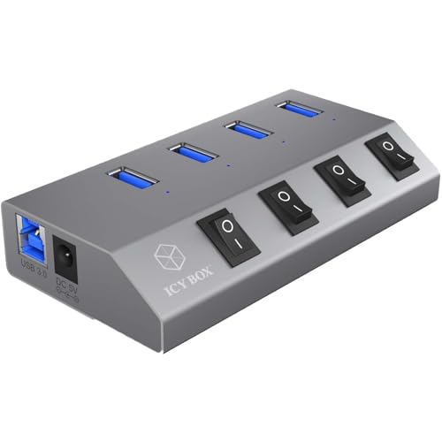 ICY BOX IB-Hub1405 4-fach USB 3.0 Hub und Ladegerät, An-/Ausschalter für jeden Port, Netzteil (5V/4A), Aluminium, Ladestandard BC 1.2, grau von ICY BOX
