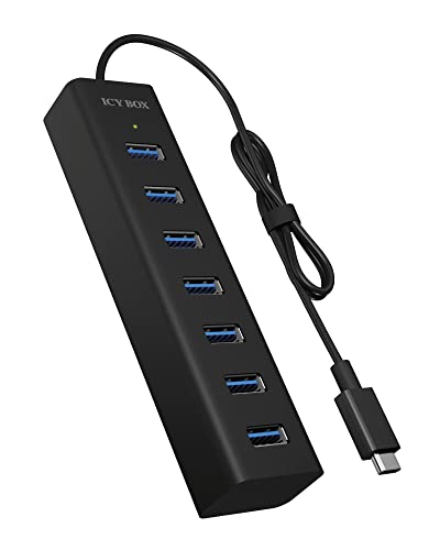 ICY BOX IB-Hub1700-C3 7-fach USB Type-C Hub mit 7x USB 3.0 (Type-A) Anschlüssen und Netzteil, integriertes Kabel, Aluminium, schwarz von ICY BOX