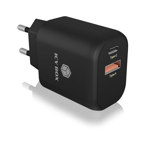 ICY BOX USB-C Ladegerät 20W Dual Port Netzteil PD 3.0 & QC 3.0, Schwarz IB-PS102-PD von ICY BOX