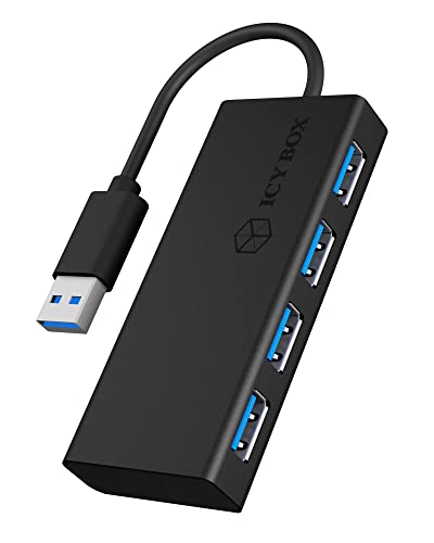 Icy Box IB-AC6104-B 4-fach USB 3.0 Hub (4x USB 3.0 Anschlüsse), integriertes USB-Kabel, 5 V Stromanschluss, Aluminium, Schwarz von ICY BOX