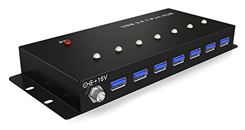 Icy Box IB-AC677 7-fach USB 3.0 Hub, Metallgehäuse, Stromstecker mit Sicherheitsschraube, externe Stromversorgung (16 V / 2 A), Überspannungsschutz von ICY BOX