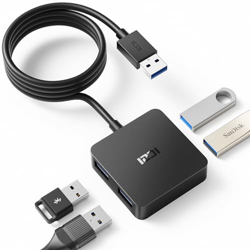 ICZI USB Hub 3.0,1.2M Lang Verlängerungskabel Mini USB 3.0 Adapter mit 4 Ports USB 3.0 Verteiler Datenhub für MacBook/Pro/Mini,Surface Pro, Desktop,USB Flash Drives,und Mehr (Schwarz) von ICZI