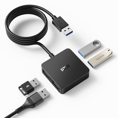 ICZI USB Hub 3.0,1.2M Lang Verlängerungskabel Mini USB 3.0 Adapter mit 4 Ports USB 3.0 Verteiler Datenhub für MacBook/Pro/Mini,Surface Pro, Desktop,USB Flash Drives,und Mehr (Schwarz) von ICZI